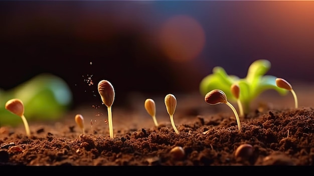 Foto germinando sementes de vegetais na terra em várias estações geradas por ia