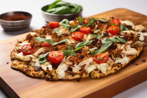 Foto geröstete blumenkohlpizza auf einem holzbrett