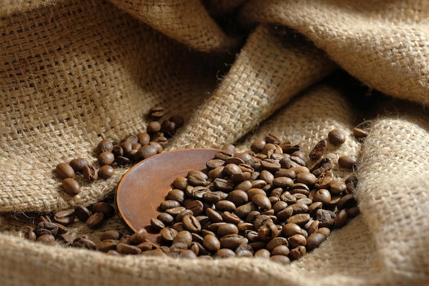 Geröstete Kaffeebohnen auf Sackleinen Nahaufnahme Kaffee Hintergrund