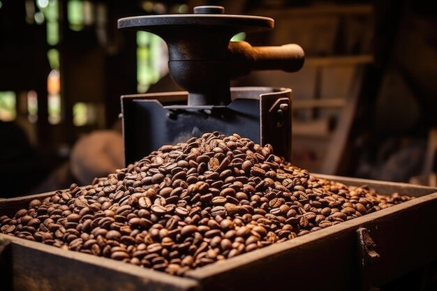 Geröstete Kaffeebohnen Close-up in Geschirren Kolumbianischer Kaffee