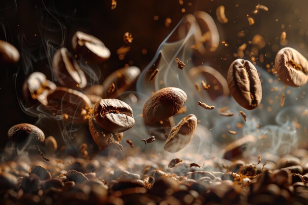 Geröstete Kaffeebohnen fliegen mit Rauch auf dunklem Hintergrund in der Luft