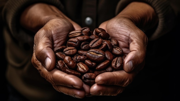 Geröstete Kaffeebohnen in den Händen eines Bauern, erstellt mit generativer KI-Technologie