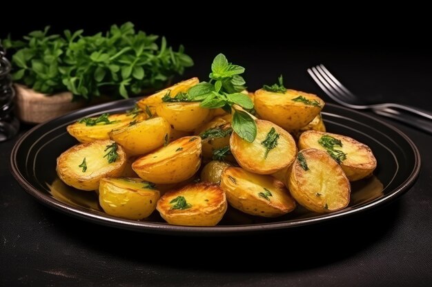 Foto geröstete kartoffeln gebackene kartoffelkegeln mit kräutern und olivenöl