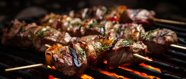 Geröstete Lammstücke auf einem Spieß in Nahaufnahme