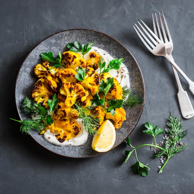 Gerösteter Kurkuma-Blumenkohl mit griechischem Joghurt-Dressing Köstlicher gesunder Snack