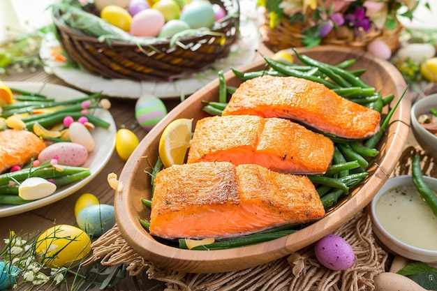 Gerösteter Lachs und grüne Bohnen für den Osterbrunch