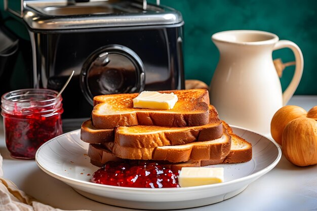 Geröstetes Brot mit Butter und Marmelade auf einem Teller neben einem Toaster auf dem Küchentisch. Neuronales Netzwerk, erstellt im Mai 2023. Basiert nicht auf einer tatsächlichen Personenszene oder einem Muster