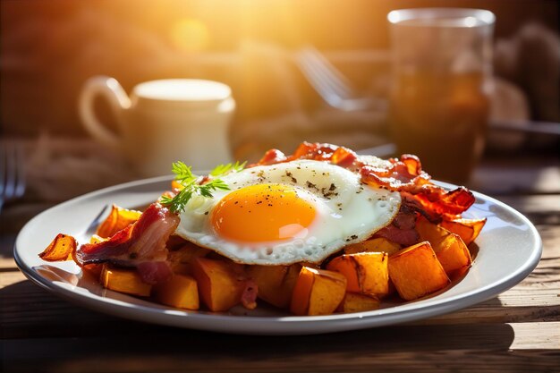 Geröstetes Kürbis-Speck-Hash mit Sunny Side Egg am Herbstmorgen