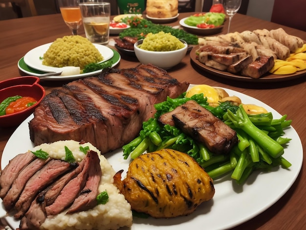 Geröstetes Schweinefilet mit gebackenen Kartoffeln und Gemüse Weihnachtsatmosphäre