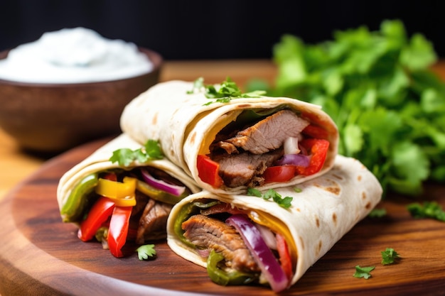 Gerollte Fajitas, serviert mit saurer Sahne obendrauf