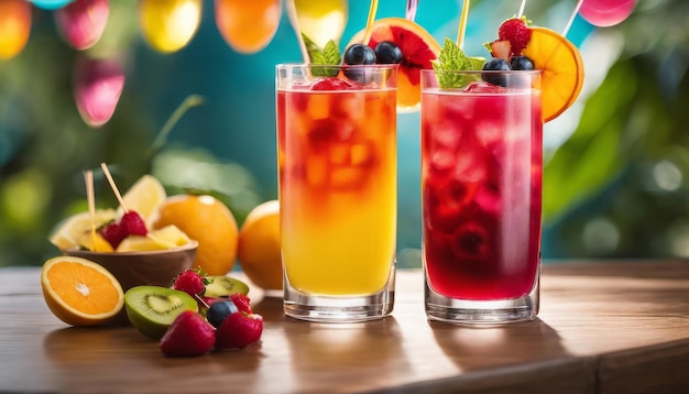 Geruchsvoller Mocktail, garniert mit Obstspitzen in einem hohen Glas voll