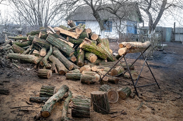 Gesägte alte Stämme in einem rustikalen Innenhof Stapel von Stämmen in einem Sägewerk Stapel von Brennholz