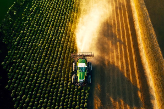 Gesätes Ackerfeld und landwirtschaftlicher Traktor fahren entlang der Furche