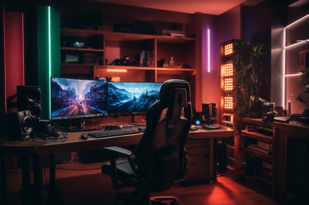 Gesamtansicht des Heimarbeitsplatzes eines Profispielers mit professionellem Gaming-Setup auf dem Desktop