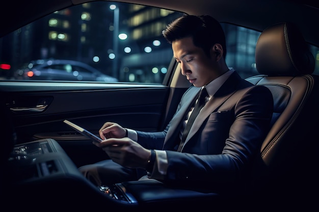 Geschäft in Bewegung Asiatischer Geschäftsmann im Auto