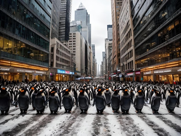 Geschäftige Pinguine in der Schneestraße mit dem Skyscraper-Konzept der Stadt