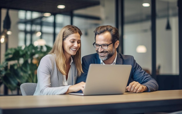 Geschäftliche Teamdiskussion Lächelnde Kollegen arbeiten am Laptop