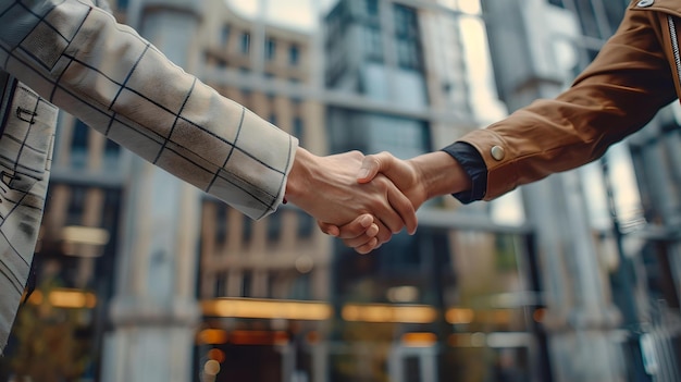 Geschäftlicher Handschlag in städtischer Umgebung, der die Partnerschaft symbolisiert, professionelle Kleidung, Vereinbarungskonzept, detaillierte Nahaufnahme, moderner Stadthintergrund, KI