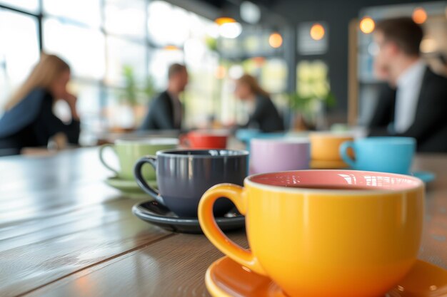 Geschäftliches Treffen über Kaffee Farbige Tassen im Vordergrund Fachleute im Hintergrund