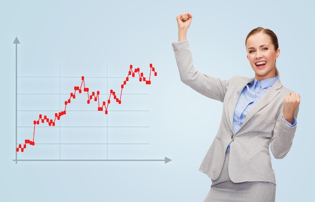 Geschäfts-, Erfolgs-, Personen- und Statistikkonzept - junge glückliche Geschäftsfrau mit erhobenen Händen und Diagramm auf blauem Hintergrund