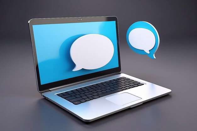 Geschäfts-Online-Kommunikation 3D-Laptop-Symbol renderen Sprachblase mit Notebook