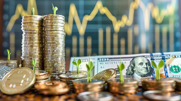 Geschäfts- und Finanzkonzept mit Münzen, die Wachstumserfolg und die Zukunft umweltfreundlicher Investitionen darstellen