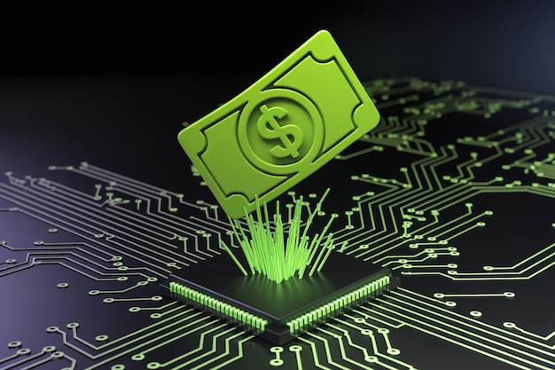 Geschäfts- und Marketingkonzept mit Dollarzeichen-Hologramm über arbeitender CPU im Hintergrund Schaltkreis boa