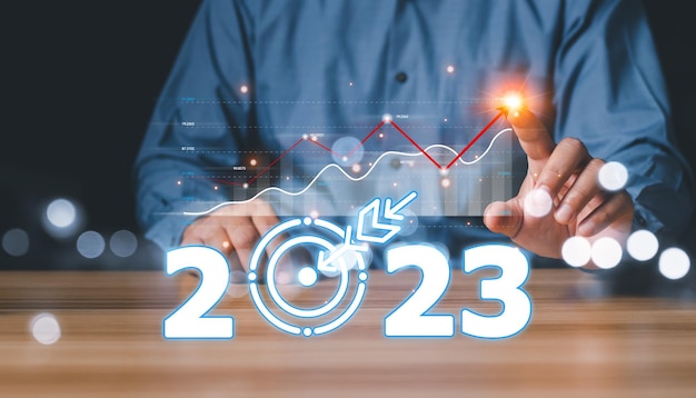 Geschäfts- und Technologieziele, Ziele und Erfolge im Jahr 2023 Neujahrsentscheidungen, Statistiken, Grafik, steigende Einnahmen, 2023 Konzept, 2023 Neujahresziel, Ziel, Aktionsplan, Idee, Inspiration, Konzept