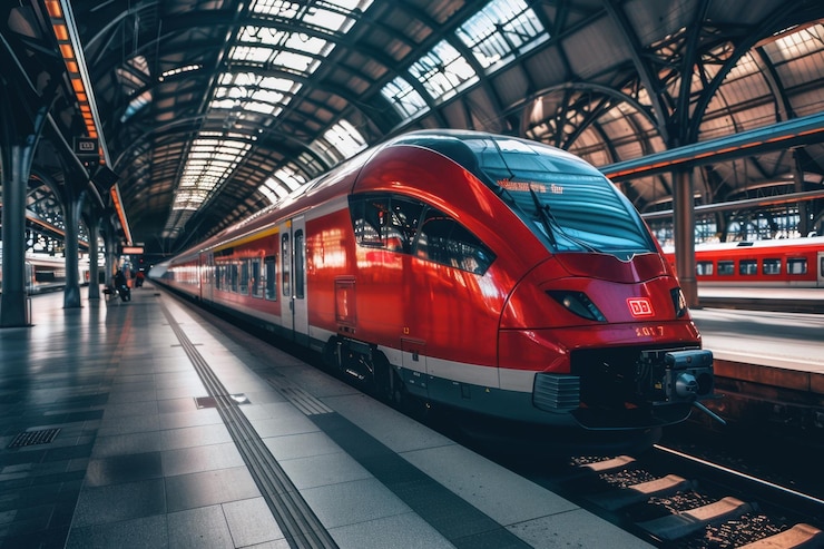 Foto geschäftsbahnhofsplattform mit ankunft und abfahrt