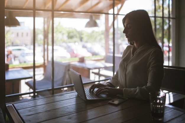 Geschäftsdame Mittagessen. Arbeiten im Café mit Laptop