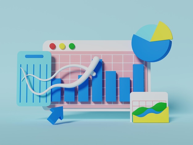 Geschäftsdaten der Illustration 3D analysieren. Wachstum und Ausrichtung des Unternehmens.