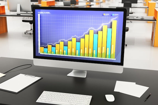 Geschäftsdiagramm auf dem Desktop des Computers mit leeren Papieren im Büro
