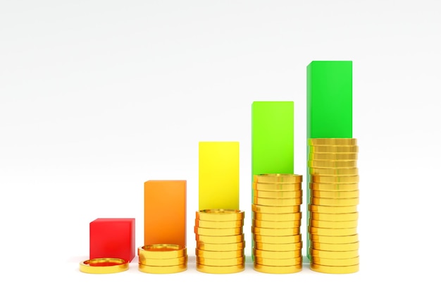 Geschäftsdiagramm oder Balkendiagramm mit Stapel von Goldmünzen Wachstumsgeschäft und Finanzkonzept 3D-Rendering