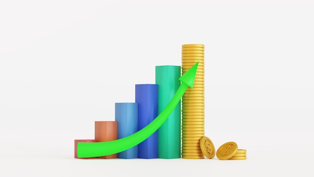 Geschäftsdiagramm oder Balkendiagramm mit Stapelgoldmünze Finanzkonzept des Wachstumsgeschäfts 3D-Rendering