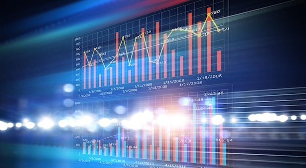 Geschäftsdiagramm und Handelsmonitor. Gemischte Medien