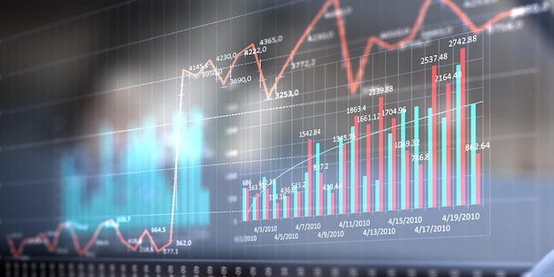 Geschäftsdiagramm und Handelsmonitor. Gemischte Medien