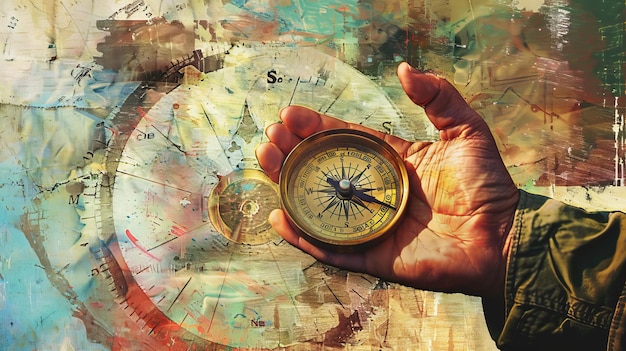 Geschäftsentwicklung durch Kunstcollage Ein Kompass in einer menschlichen Hand