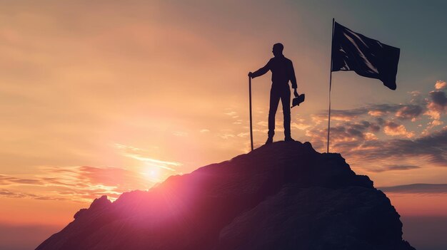 Geschäftserfolg Führung Erfolge und Menschen Konzept Silhouette von Geschäftsmann mit Flagge auf dem Gipfel des Berges über Himmel und Sonnenlicht Hintergrund