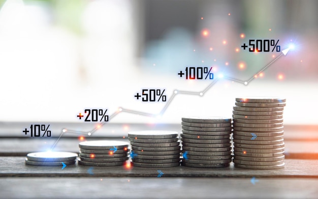 Geschäftsfinanzierungs- und Investitionskonzept Kapitalgewinn Weltgeld Wirtschaftswachstum Münzstapel Finanzdiagramm Diagramm Marktbericht über Bargeldwährungskonzept