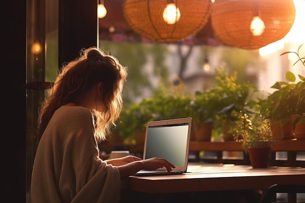 Geschäftsfrau arbeitet bei sonnigem Wetter vor dem Fenster am Laptop mit generativer KI