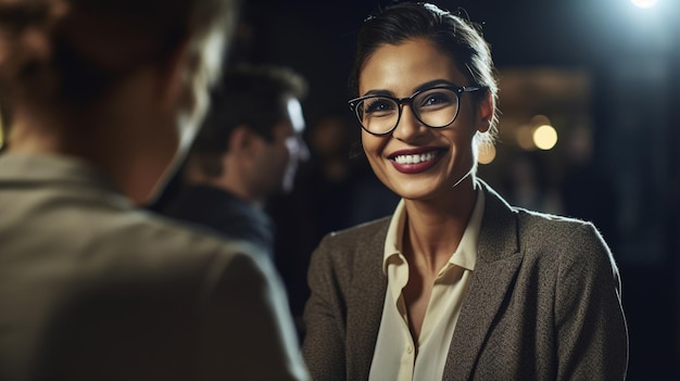 Geschäftsfrau bei einer Networking-Veranstaltungskonferenz lächelnd und Händeschütteln Generatives KI-Bild