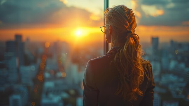 Geschäftsfrau beim Sonnenuntergang aus dem Fenster schaut