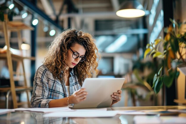 Geschäftsfrau, die fortschrittliche Technologie am Arbeitsplatz einsetzt