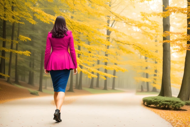 Geschäftsfrau, die im Herbst im Park spazieren geht, Rückblick Generative KI