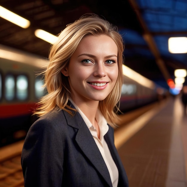 Geschäftsfrau, die vor dem Bahnhof pendelt