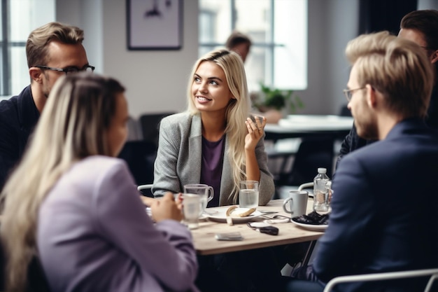 Foto geschäftsfrau frau in innenräumen gruppenversammlung horizontales büro männer sprecher geschäft modern generative ki