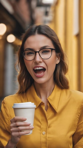 Geschäftsfrau hält einen Takeaway-Kaffee auf gelbem Schrei und hält die Handfläche in der Nähe des geöffneten Mundes
