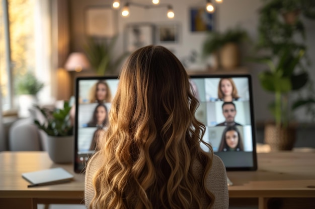 Geschäftsfrau hat eine Videokonferenz mit einer vielfältigen Gruppe von Kollegen auf dem Computerbildschirm