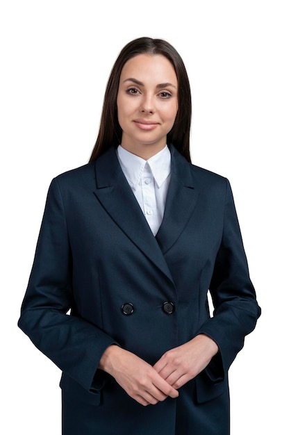Geschäftsfrau im Büroanzug lächelnd isoliert über weißem Hintergrund