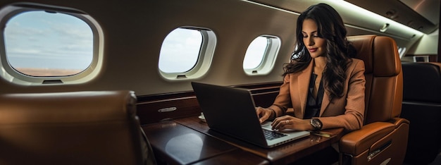 Geschäftsfrau in einem Flugzeug mit einem Laptop-Banner Generative KI